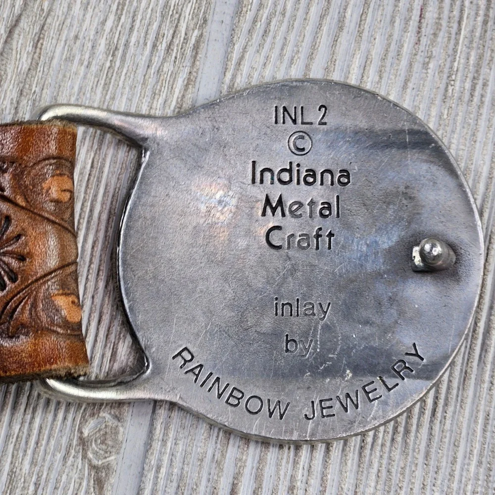 Indiana Metal Craft R J RobertsRainbow Jewelry Turquoise Inlay Buckle 1970s